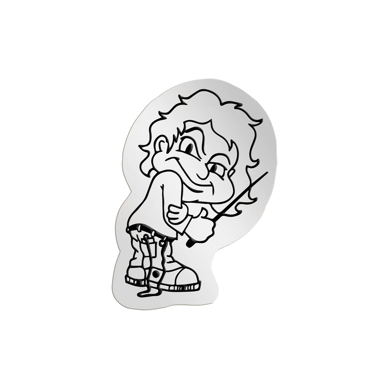 Cartoon sticker of a mischievous-looking character with curly hair sticking out its tongue.