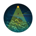Circular illustration depicting a ship’s spotlight illuminating turbulent ocean waves at night.