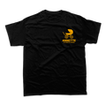 Black t-shirt with a yellow baby stroller logo and ’ANNETTE’ text on the chest.