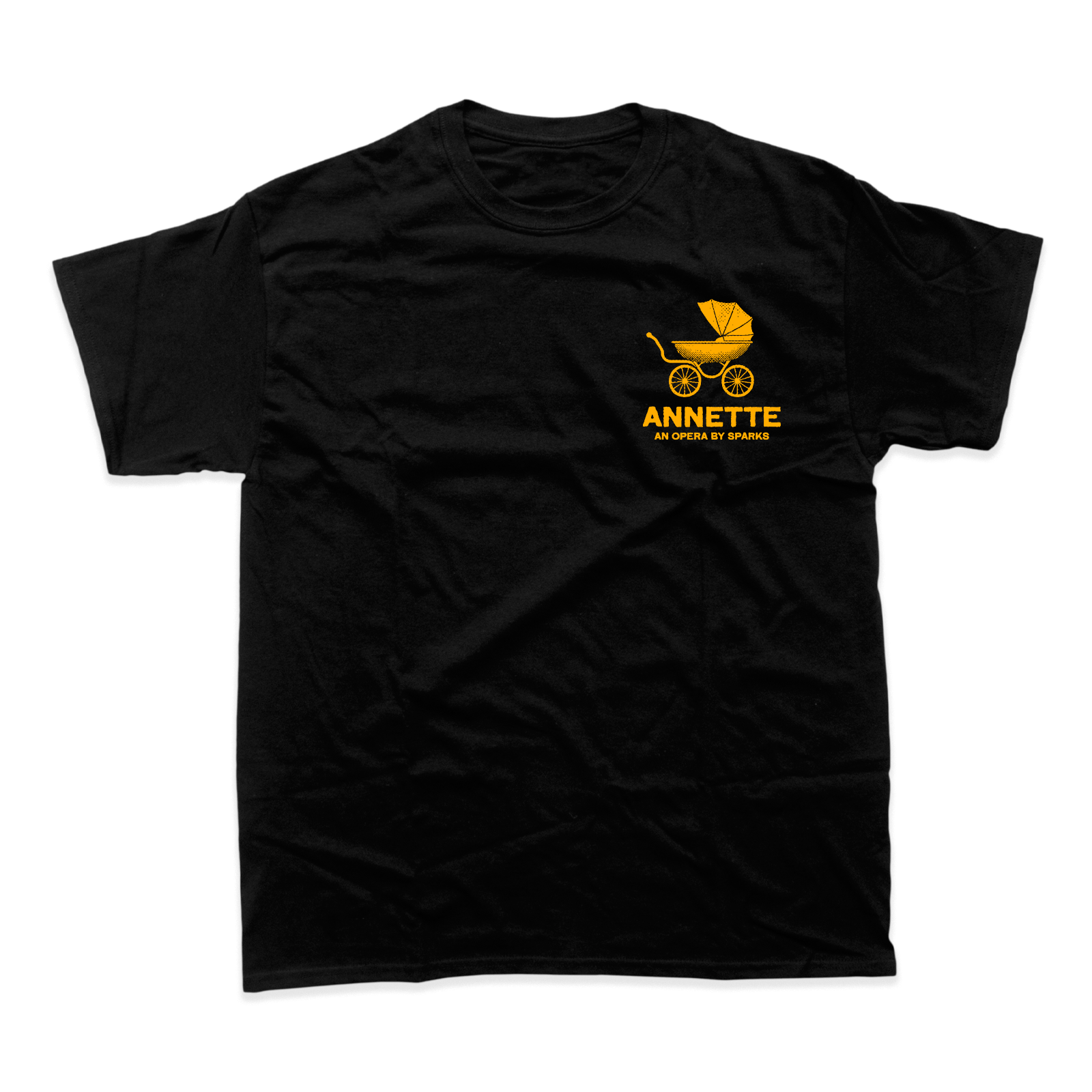 Black t-shirt with a yellow baby stroller logo and ’ANNETTE’ text on the chest.