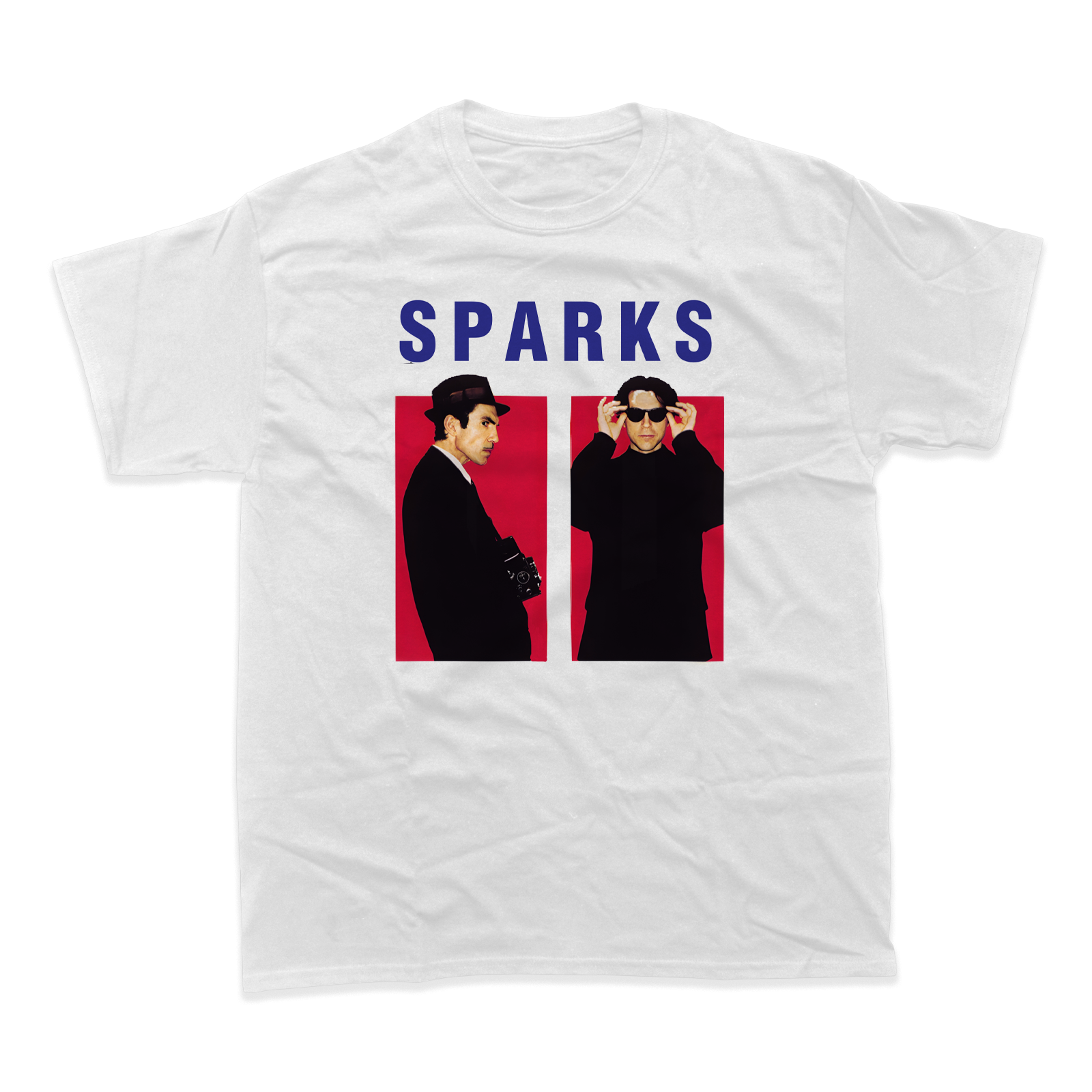 White t-shirt featuring two figures and the text ’SPARKS’ above them.