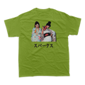 Bright green t-shirt featuring a printed image of two women in traditional Japanese clothing.