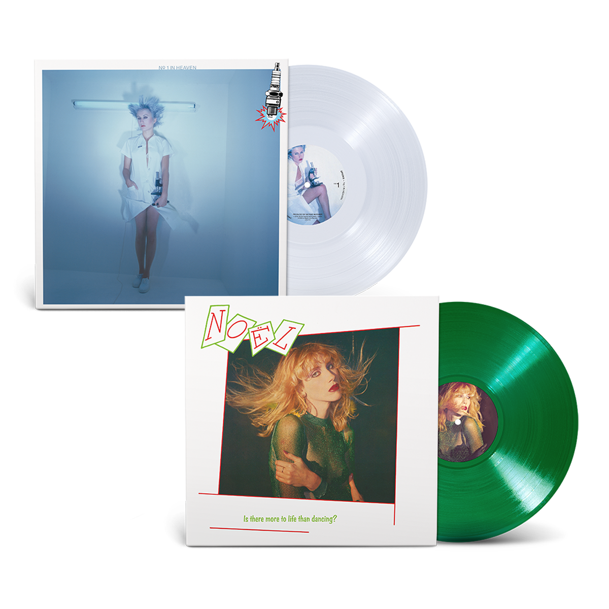 Two vinyl record albums with cover art displayed.