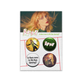Album cover featuring a woman with windswept blonde hair against a teal background, along with circular pin badges below.