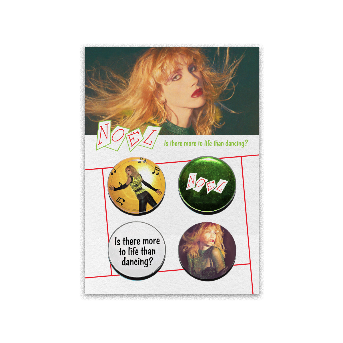 Album cover featuring a woman with windswept blonde hair against a teal background, along with circular pin badges below.
