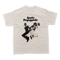 White t-shirt featuring a black and white graphic design and text reading ’Sparks Propaganda’.