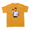 Yellow t-shirt with a printed image of two people on the front.