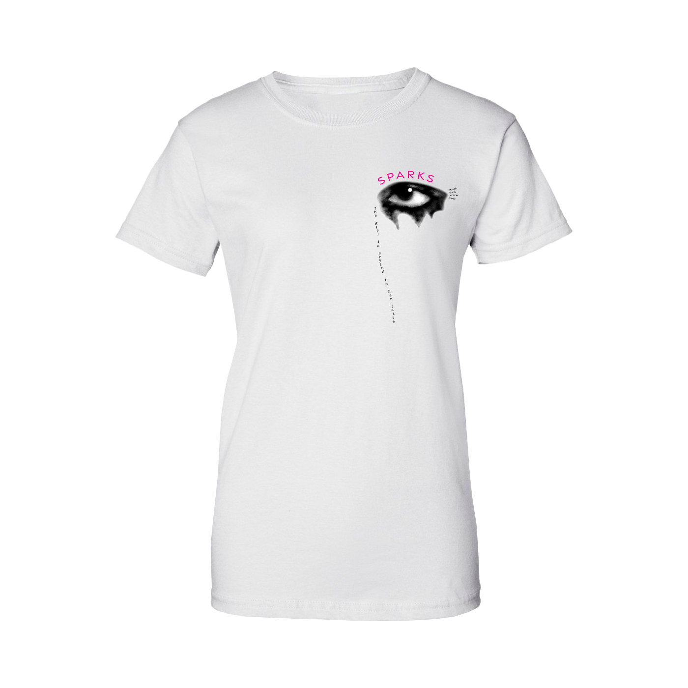 White t-shirt with a small graphic design on the chest area.