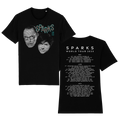 Black t-shirt with Sparks band tour design featuring stylized faces on front and tour dates on back.
