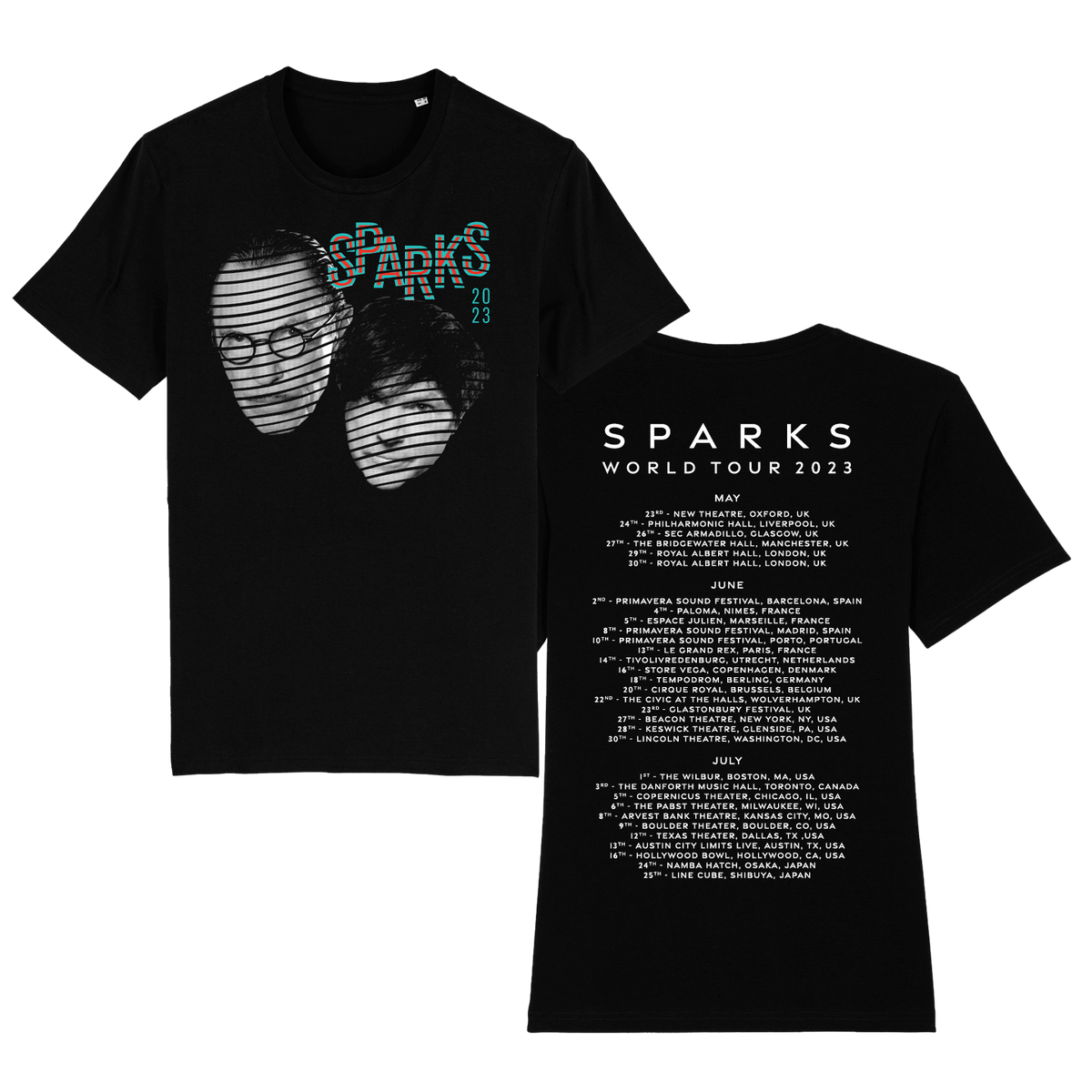 Black t-shirt with Sparks band tour design featuring stylized faces on front and tour dates on back.