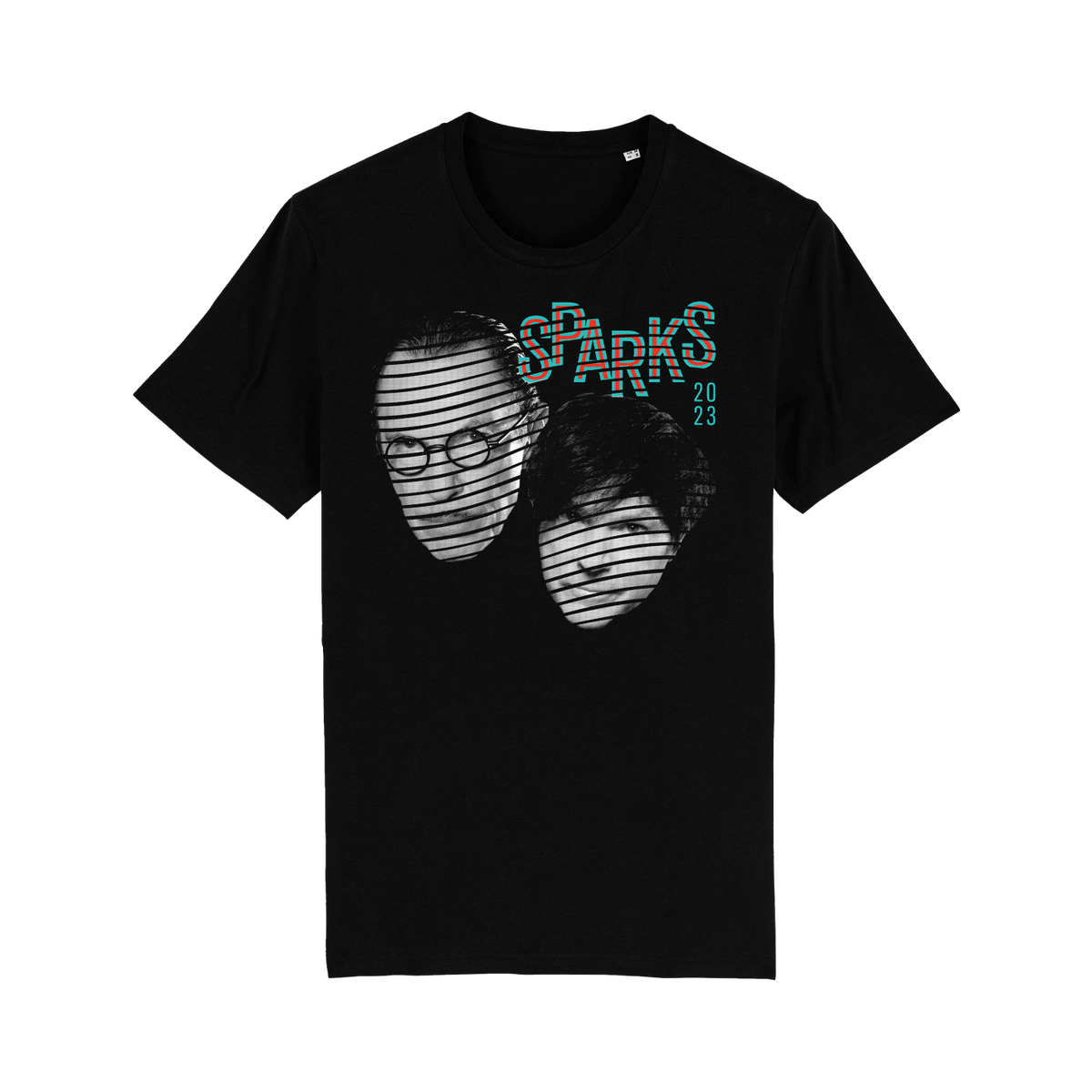 Black t-shirt featuring a graphic design of two stylized faces and text.