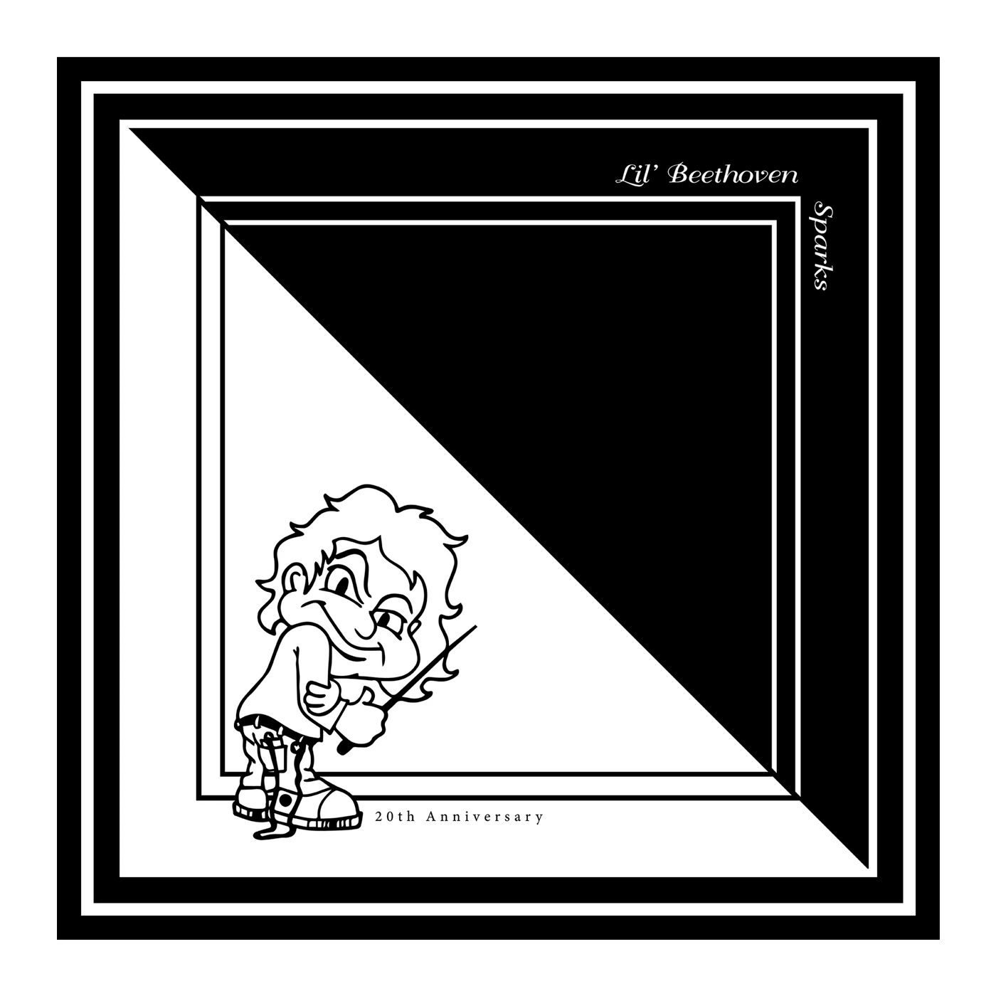Cartoon-style sketch of a disheveled man with wild hair sitting and holding a musical instrument.
