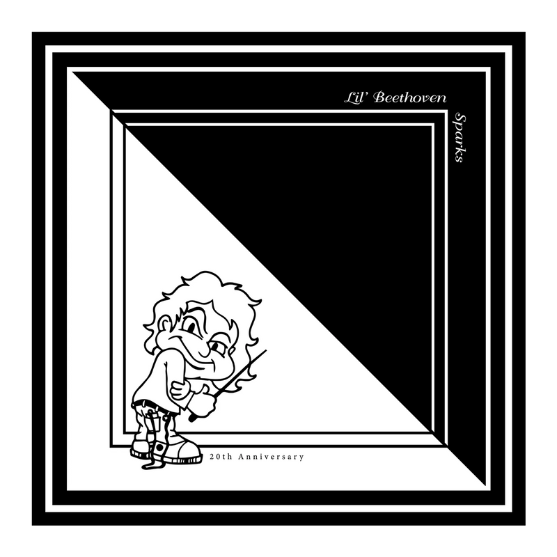 Cartoon-style sketch of a disheveled man with wild hair sitting and holding a musical instrument.
