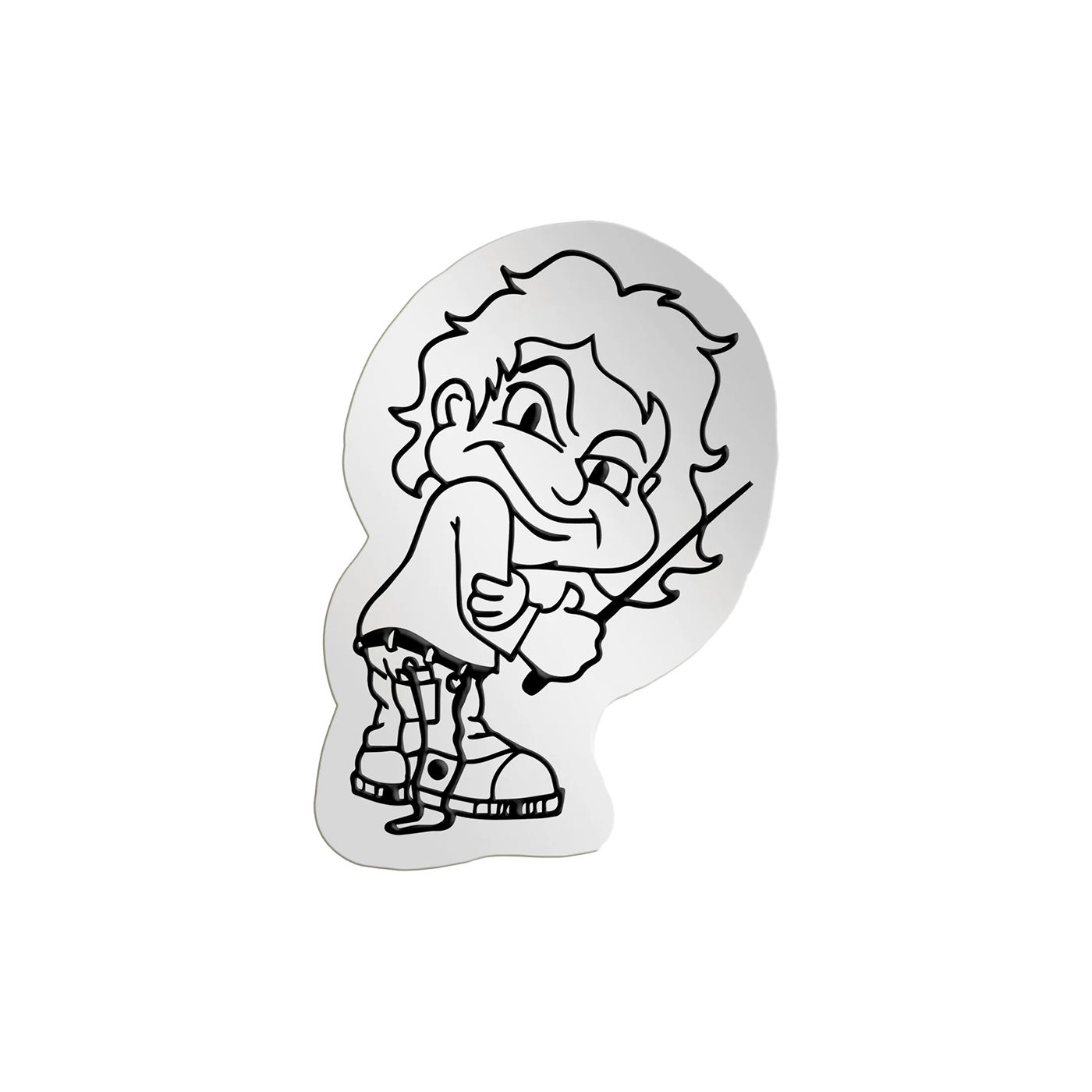 Cartoon sticker of a mischievous-looking character with curly hair sticking out its tongue.