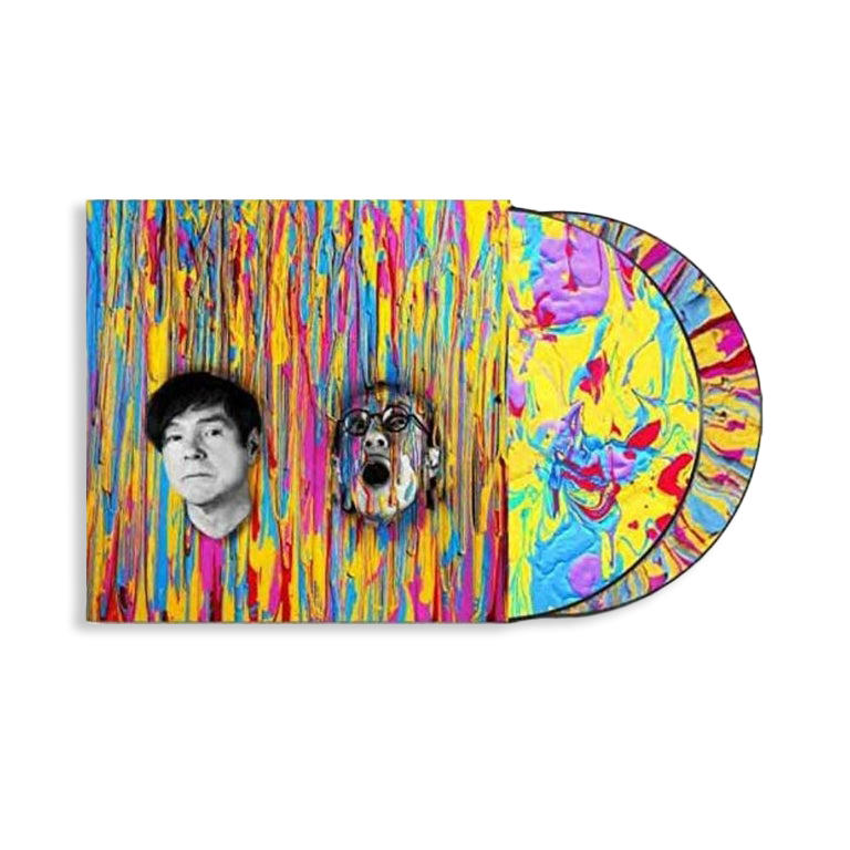 Colorful vinyl record album cover featuring abstract paint drips and two circular cutouts.