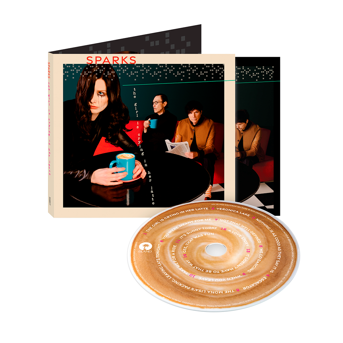 CD album cover featuring a woman in red holding a blue cup, with other people visible in the background.